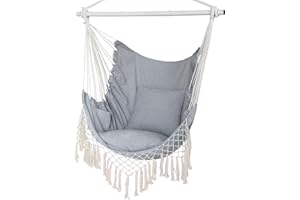 YAERSI Hanging Chair, Hanging Rope Swing Seat with 2 Cushions,Macrame Hanging Chair Side Pocket With High Load-Bearing Metal Rod,for Indoor, Outdoor, Extra Comfortable Grey