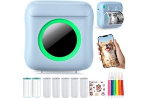 CARPOWER Mini Imprimante Portable, Imprimante Photo Thermique sans Encre avec 7 Rouleaux de Papier, Imprimante Intelligente Bluetooth Compatible avec Android et iOS, pour D'étiquettes, Images, Note (C22-Bleu)