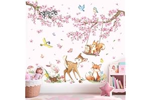 decalmile Stickers Muraux Fleurs de Cerisier Rose Autocollant Mural Animaux des Bois Floral Branche Arbre Décoration Murale Bébé Fille Chambre Enfants Pépinière