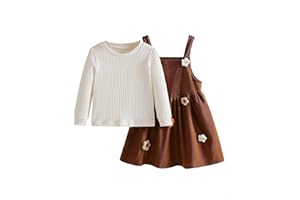 HEOXIN 2 Pezzi Vestito Bambina, Vestito Invernale Bambina con Bretelle in Velluto Coste + Maniche Lunghe Maglieria, Carino Completo Girls Dress con Bretelle e Decorazioni Floreali, Marrone, 4-7 Anni