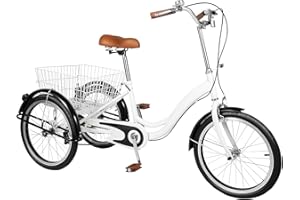 Ealtqund Triciclo para Adultos 20 Pulgadastriciclo Triciclo Urbano Vintage 3 Ruedas Capacidad de Carga de 242,5 LB para Compras, Ocio y Personas Mayores Blanco