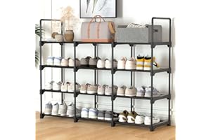 DICLLY Zapatero Pequeño Apilable,3 Filas 4 Niveles,135x28x75cm Zapatera de Almacenamiento,Zapateros de Metal,Zapatero Abierto Estrecho,Ahorro de Almacenamiento,para Entrada,Pasillo y Armario(Negro)