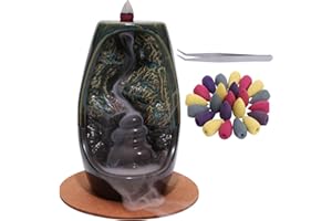 HERBTALE Ceramic Backflow Incense Burner - 80 Pcs Waterfall Backflow Incense Cones - for Yoga, Relaxation, Purification, Meditation Gift