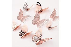 nuoshen 36Pcs 3D Butterfly Wall Stickers, Rose Gold 3D Butterfly Wall Decals for Home Bedroom Party Cake Decoration 3 Sizes