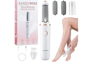 BarberBoss Lima eléctrica para pies, removedor de callos para pies, kit de pedicura recargable, cabezales de rodillo finos y gruesos, carga USB, tapa protectora, removedor de callos portátil, QR-5101