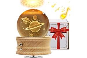 BUOTAU Caja de Música con Bola de Cristal 3D, Caja de Música Giratoria 360° Luminosa con Proyección de luz y Base de Madera para Niños, Esposas, Madres, Regalo Decorativo Creativo(Asteroide)
