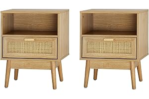 YEEJUAK Rattan Bedside Table Set of 2, Wicker Bedside Cabinet, Nightstand w/Ash Wood Veneer, with 1 Drawer Bedside Table for Bedroom w Tapered Legs & Gold Handles, Cane Bed Side Table for Living Room