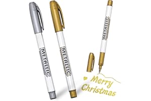 PROUSKY Gold Silver Ink Metallic Marker Pens, Shiny Highlight Pens Bling Writing Pen Glittering Permanent Gloss Wet Shine Effect Art for Card Making Painting Album (2pcs, Gold Silver)