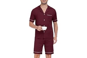 Sopesil Pigiama Uomo Estivo Corto Pigiami Due Pezzi Uomo Cotone con Bottoni Davanti e Maniche Corte Abbigliamento da Notte con Tasche Coulisse