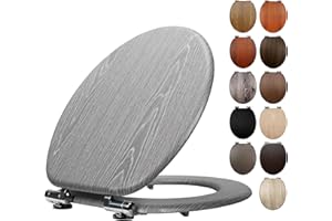 Fanmitrk Grey Wooden Toilet Seat with Soft Close Adjustable Solid Hinges, MDF Wood Oval Toilet Seat (Grey Wood Grain Effect)
