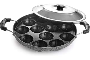 CELLO Aluminium Nonstick 12 Cavity Appam Patra Pan Maker with Steel Lid, Black | 2 Side Riveted Handle, Gas Stove Compatible Die-Cast Mini Uttappa Paniyarakkal Cup Cake Frying Pan Kadhai for Kitchen