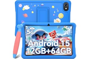 TABWEE Tablet Niños 10 Pulgadas, Android 15 Tablet, 12GB RAM +64GB ROM (2TB Expandible), WiFi 5G, Bluetooth 5.0, 5000mAh, Control Parental, Tableta Educativa para Niños con Funda Eve