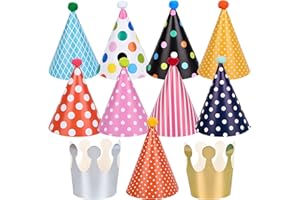 Chstarina 11pcs Cone Party Hats with Pom Poms, Cake Birthday Party Hats for Children, Girls, Boys, Adults, Decorations (9 Hats + 2 Crowns)