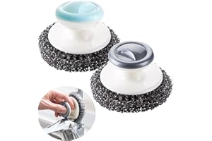 IHMEIJU 2Pcs Stainless Steel Wool Scrubber with Handle, Heavy Duty Dish Scrubber Pot Scrubbers Cleaning Brush Wash for Dish, Stainless Steel Scrubbing Brushes Cleaning Supplies for Pots, Pans, Grills, Sink.