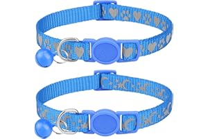 Joytale Collar Gato Reflectante, Collares para Mascotas con Cascabel y Hebilla de Seguridad de Liberación Rápida, Tamaño Ajustable 23-33 cm, 2 Piezas, Azul Claro