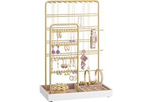 SONGMICS Smyckeshållare, smyckeskåp, tillbehörsdisplay, metall, sammetsbricka, för halsband, armband, örhängen, ringar, ljusg