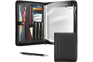 Leathario Cartellina Portadocumenti A4 con Cerniera, Organizer con 10 Buste Trasparenti, 1 Penna e 1 Blocco Note, Raccolgitore ad Anelli, Portadocumenti da Viaggio per Ufficio e Business, Regalo Uomo