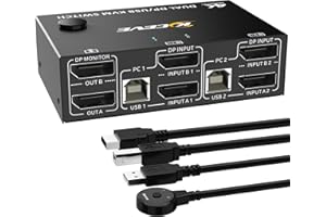 ESKEVE Commutateur KVM DisplayPort 8K 2 PC 2 moniteurs 8K @ 30Hz 4K @ 144Hz, commutateur KVM double moniteur DisplayPort 1.4 et 4 ports USB 2.0 pour 2 PC/ordinateurs portables, avec câble DP + câble USB et