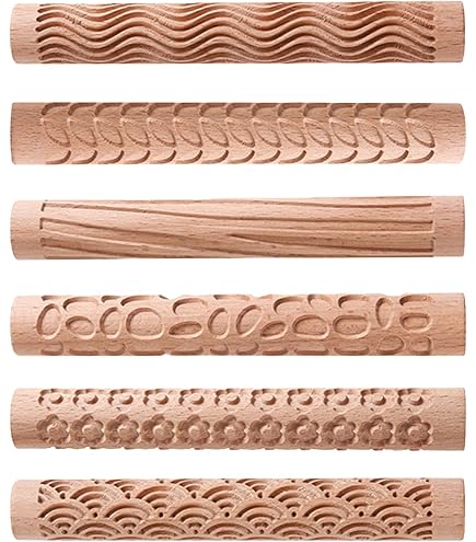 Lot De 6 Rouleaux Texturés En Bois De Hêtre Pour Argile - Motifs Variés, Outils De Modelage Poterie & Pâtisserie, 15 Cm, Poignées Ergonomiques