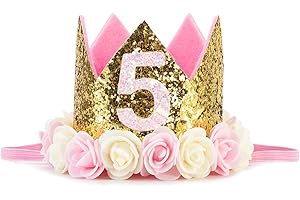 BOSONER Baby Princess Crown "5" Tiara Kids First Birthday Hat Sparkle Gold Flower Design (5st Birthday Crown)