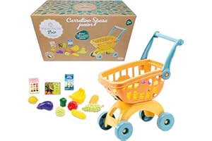 ODS - Maisonelle Bio, Carrellino della Spesa Giocattolo per Bambini, con Frutta, Verdure e Scatoline, Sostenibile in Bioplastica, 31,5x19x16 cm, Età Consigliata +2 Anni