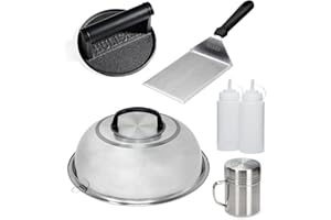 HULISEN Cast Iron Burger Press Kit, 12 Inch Basting Cover, Grill Spatula, Spice Dredge Shaker and 2 Squeeze Bottles – Griddle Accessories for Flat Top Grill Cooking
