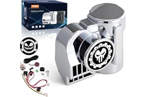 FARBIN Kit klaxon de moto 12 V 150 dB - Kit klaxon à air comprimé - Pour moto, camion, voiture, bateau, pick-up, Jeep (12 V, faisceau de câbles argenté et bouton poussoir)