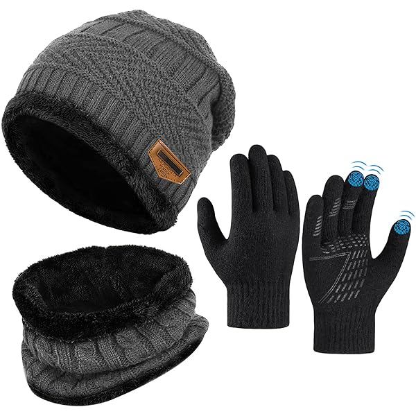 Lifup Sjaal set muts en handschoenen, warme gebreide muts met pompon, beanie fleece kinderset voor jongens meisjes 5-10 jaar, Beige, One size