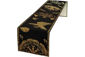 kikomia Baumwolle Leinen Tischläufer Rechteckige Wikinger Rabe Baum des Lebens Tischdecke für Hochzeit Urlaub Heimdekoration Wikinger Dekorativ Abdeckung Tischplatte (33×274cm, Golden)