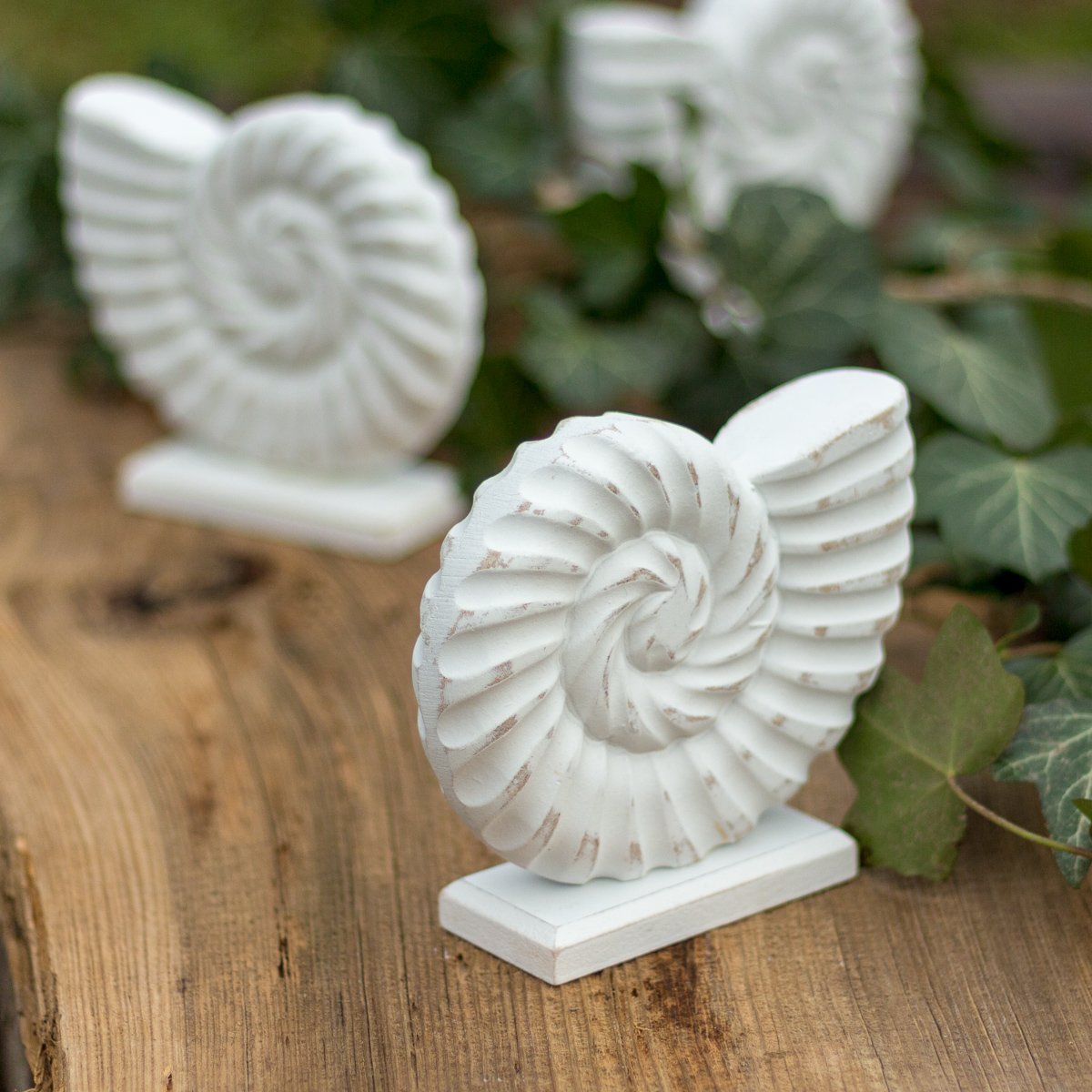 Antikas Badezimmer Deko Ammonit weiß aus Holz | 12,5 x 14,5 x 4 cm