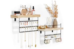 Lolalet Porte Bijoux Mural, Lot de 2, Organisateur Bijoux Suspendu, Porte Boucles d’Oreille Colliers Bracelets Bagues Parfum, Présentoir Bijoux Mural en Bois Naturel -Noir