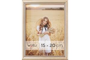 WOLTU Bilderrahmen 15x20, Fotorahmen aus Massivholz und PS-Platte, Holzrahmen mit Passepartout, zum vertikalen oder horizontalen Aufhängen/Aufstellen, Posterrahmen Collage Wanddeko, Gold
