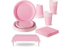 COSORO 69 piezas Rosa Platos Desechable Juego de Vajilla Desechable Decoración Cumpleaños Fiesta,Platos Servilletas Copa de Papel y Mantel,para Bodas,Picnics,Baby Shower,Biodegradable,Compostables