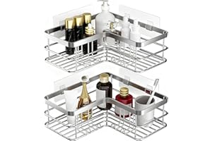 Yazoni Corner Shower Caddy, Adhesive Shower Organizer Corner, Bathroom Shelves Shampoo Holder with Hooks, Rust-proof Stainless Steel (Silver)