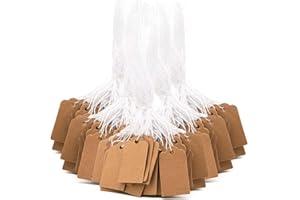 LEMLIN Lot de 200 étiquettes de prix en papier kraft - 25 x 15 mm - Fabriquées à la main - Avec cordon élastique - Pour bijoux, vêtements, cadeaux (marron)
