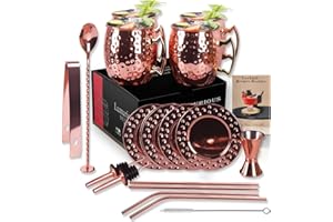 RERXN 4er Set Edelstahl Moskauer Mule Becher,18OZ Cocktailgläser Geschenkset mit Untersetzer, Cocktail Strohhalmen, Löffel, Reinigungsbürste, Weinkorkenzieher und Weinzubehör (Rose Gold)