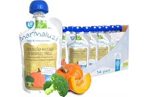 Marmaluzi Premium Organic Baby Food - 4 Months Baby Food Pouches - Pumpkin & Broccoli Baby Puree - Gluten Free, Dairy Free, Non GMO Veggie Baby Pouches - Value Pack (14 x 90g.)