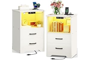 Coleshome Mesitas de Noche Pack 2, Mesita de Noche Blanca con 2 Enchufes y 2 Puertos USB, con luz LED, Mesa de Noche Dormitorio con 2 Cajones de Madera y un Espacio de Almacenamiento, 2 ​​Paquetes