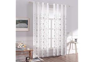 MIULEE Zasłony z haftem kwiatowym, szare firany do salonu, sypialni, przezroczyste zasłony z oczkami, zestaw 2 przezroczystych zasłon z woalu, każda wys. 225 x szer. 140 cm