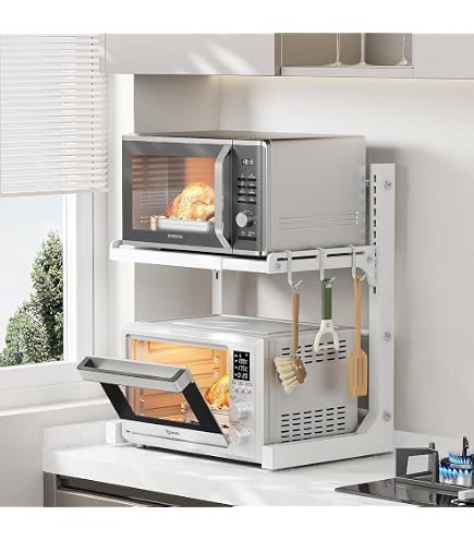 MOTT 50 Étagère Robuste Pour Four à Micro-ondes, étagère De Four En Bois Et Acier Robuste, étagère De Plan De Travail Pour Micro-ondes, étagère De Comptoir De Cuisine à 2 Niveaux