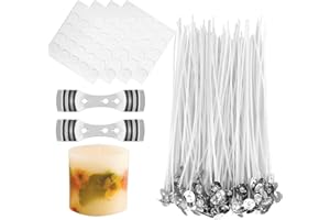 Txeouse 100 pezzi Stoppini Per Candele 15 cm,2 pezzi Porta Stoppino,100 pezzi Adesivi Per Stoppini,Stoppino in Cotone,Stoppini Di Naturali Candela per Fabbricazione Di Candele Candela Fai Da Te