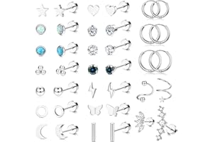 JeweBella 19Pares Pequeños Pendientes Acero Inoxidable Mujer Pendientes Cartílago Plata Hipoalergénicos Pendientes de Aro Luna Estrella Ópalo Circonita Piercing Helix Pendientes para Mujer Hombre