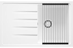 PRIMAGRAN Fregadero Cocina Blanco 78x50cm, Granito 1 Seno + Sifón + Enrollable Escurridor, Sobre encimera al mueble 45cm - Milano S020