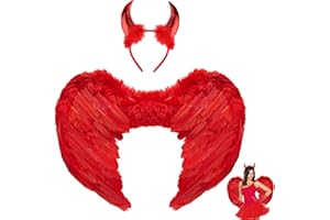 Lrxyfyw 45cm Halloween Flügel Rot, Engelsflügel Rot mit Teufel Horn Rot,rot Engel Kostüm Damen,Engelsflügel Rot,Rot Engel Kostüm Mädchen,Teufels Flügel Helloween,Engel und Teufel Flügel Kostüm Damen