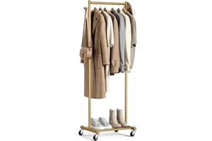 MISSLO Small Clothes Racks for Hanging Clothes Clothing Rack with Wheels 60" Garment Rack with Shelves Portable Rolling Wardrobe Rack for Small Space (Gold)