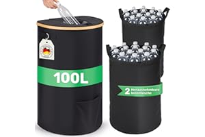 Luxstein 100L Pfandflaschen Sammelbehälter mit Deckel, Pfandflaschen Aufbewahrung mit zwei Tragetaschen und Seitentasche, Behälter Leergut & Altglas Aufbewahrung für Küche & Haushalt, Schwarz