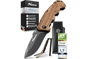 BERGKVIST® K10 Couteau pliant (couteau à deux mains) - Couteau de poche pour le camping, la chasse ou la survie - avec bâton de feu et étui de ceinture - manche en bois d'olivier