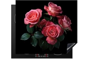 KitchenYeah© Cubre Vitrocerámica - Protector Vitroceramica Induccion 59x52 cm - Tapa Vitroceramica - Protector de Vitroceramica Rosas - Rosa - Flores - Naturaleza - Negro