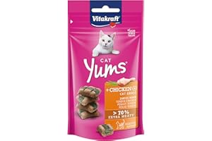 Vitakraft Cat Yums, premio para gatos, snack blando relleno de pollo y hierba para gatos, en bolsa resellable, sin azúcar añadido (1x 40g)