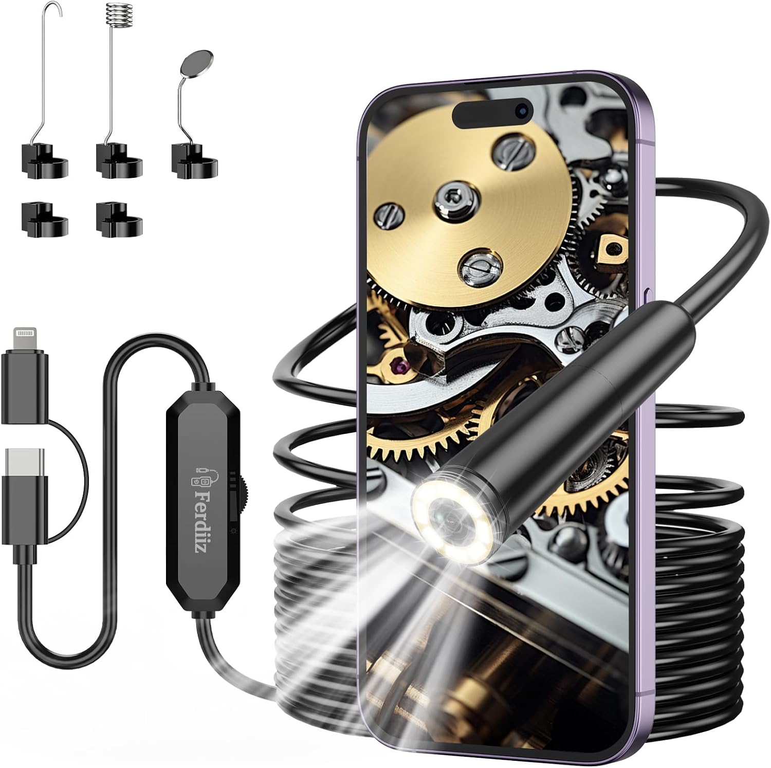 Endoscope Inspection Camera, Ferdiiz 1920P HD Borescope Camera, 16.4ft Semi-Rigid Snake Endoscope with 8 Adjustable LED Lights, IP67 Waterproof Drain Pipe Borescope Gadgets Tool for iOS9+ Android 6+